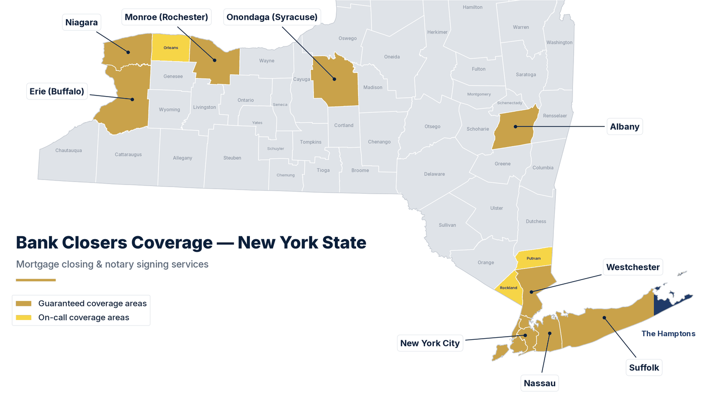 Map of New York State counties. Guaranteed coverage areas: New York City, Nassau, Suffolk, Westchester, Albany, Erie (Buffalo), Niagara, Monroe (Rochester) and Onondaga (Syracuse). On-call coverage areas: Orleans, Putnam and Rockland.
